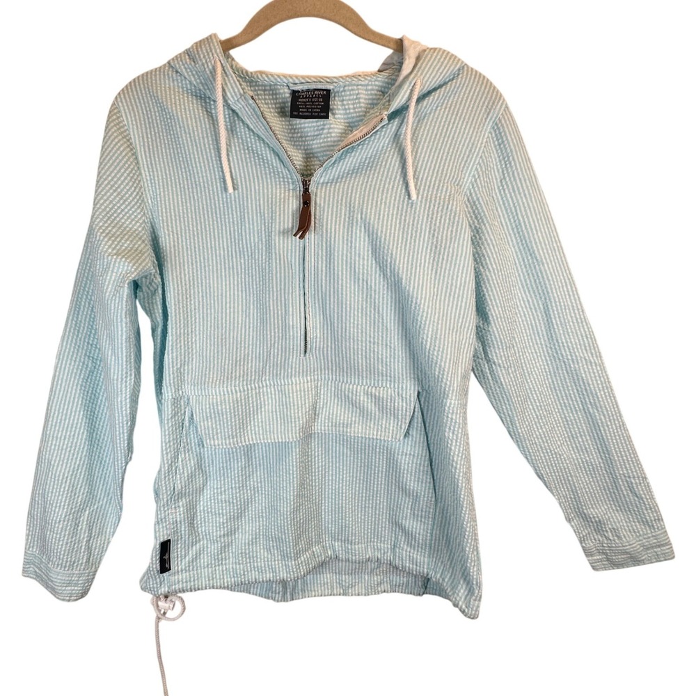 Charles River Apparel Womens XS Seersucker Anorak Pullover Blue White Striped
